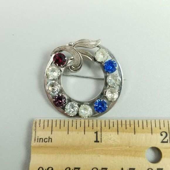 Vintage Sterling Silver Rhinestone Circle Wreath Brooch, Blue Red, Signed - Picture 5 of 8